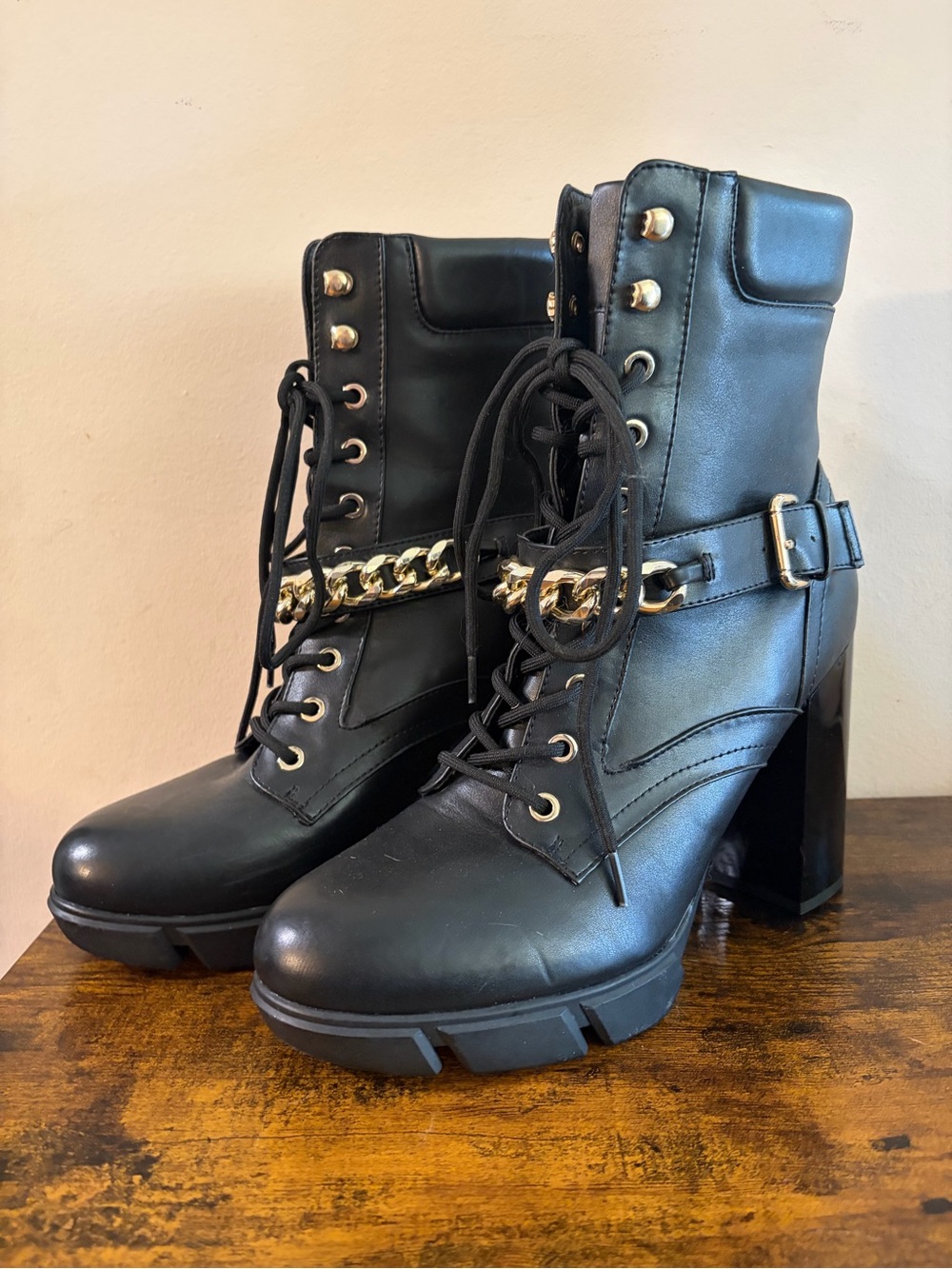 Nine West Black Lace-Up Ankle Boots with Gold Chain Detail